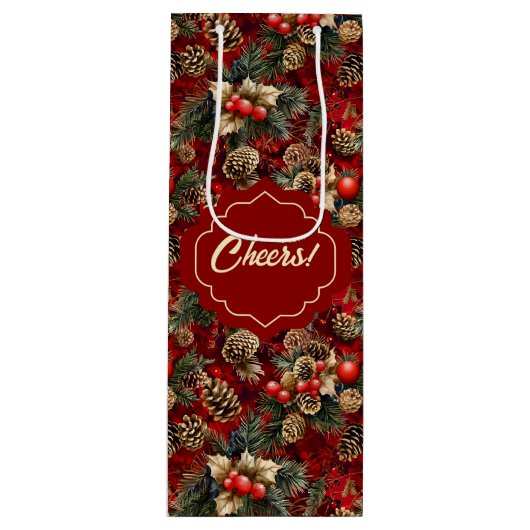 Red Gold Holly Berries Pine Cones Geschenktüte Für Weinflaschen (Vorderseite)