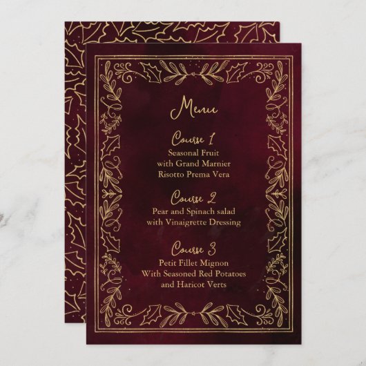 Red Gold Holly Berry Christmas Menükarte (Vorne/Hinten)