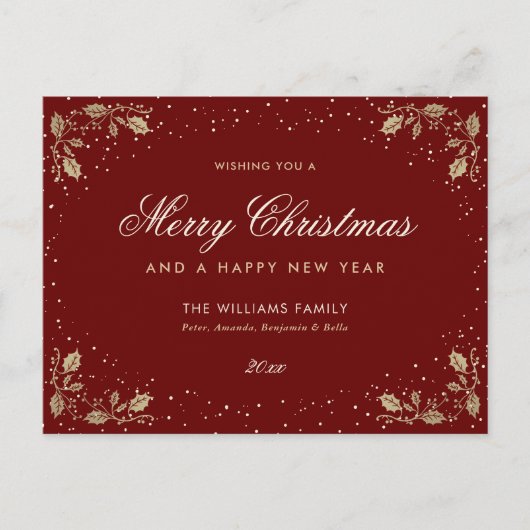 Red Gold Holly Snow Feiertagspostkarte (Vorderseite)