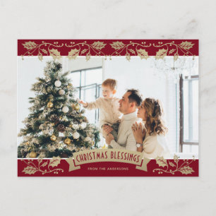 Red Gold Holly Weihnachts-Segnungen Christliches F Feiertagspostkarte
