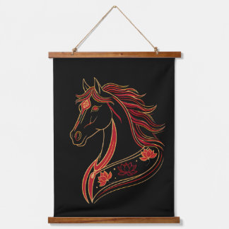 Red & Gold Horse with Lotus, Spiritual Symbolic Wandteppich Mit Holzrahmen
