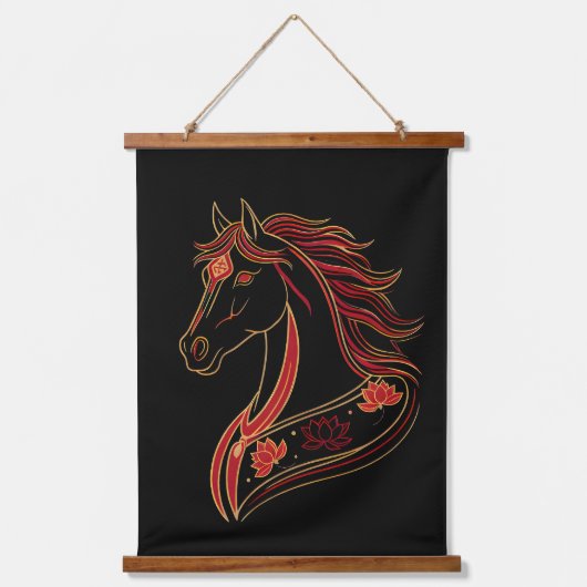 Red & Gold Horse with Lotus, Spiritual Symbolic Wandteppich Mit Holzrahmen (Vorderseite)
