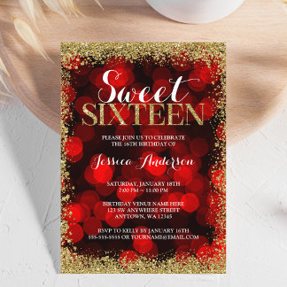 Red Gold Imitate Glitzer Lights Sweet 16 Geburtsta Einladung