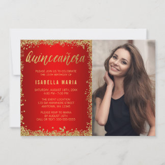 Red Gold Imitate Glitzer Quinceanera 15. Foto Einladung