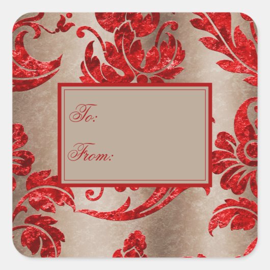 Red Gold Imitate Velvet Damask Elegantes Geschenk  Quadratischer Aufkleber (Vorderseite)