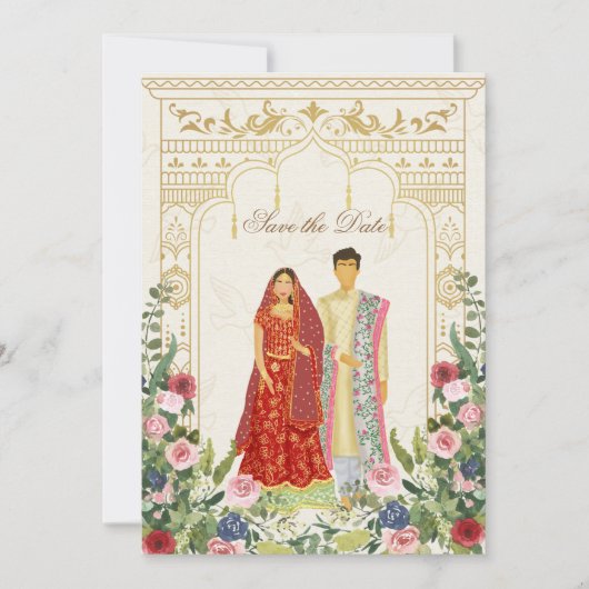 Red & Gold Indianer-Paar Illustration Save The Date (Vorderseite)