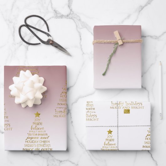 Red Gold Inspirational Christmas Tree Peace Joy Geschenkpapier Set (Vorderseite)