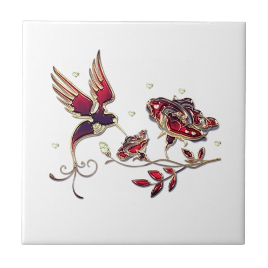 Red Gold Jewel mit Bird und Rose Keramik Tile Fliese (Vorderseite)