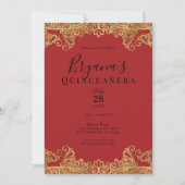 Red & Gold Lace Elegantes Quinceñera Party Einladung (Vorderseite)