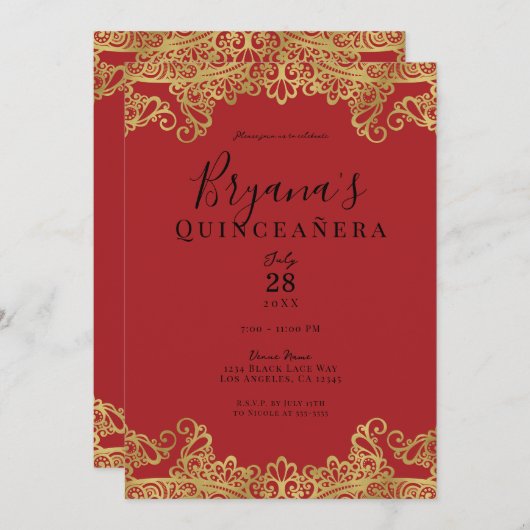 Red & Gold Lace Elegantes Quinceñera Party Einladung (Vorne/Hinten)