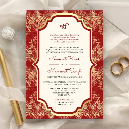 Red Gold Lace QR Code Anand Karaj Sikh Wedding Einladung