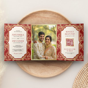 Red Gold Lace QR Code Foto Indian Wedding Dreifach Gefaltete Einladung