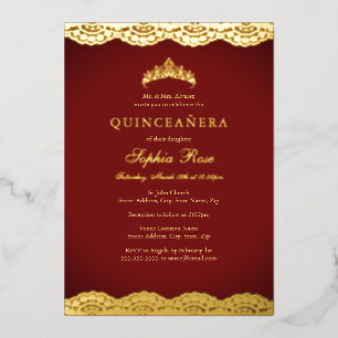 Red Gold Lace Tiara Quinceanera Foil Folieneinladung
