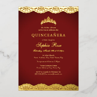 Red Gold Lace Tiara Quinceanera Foil Folieneinladung