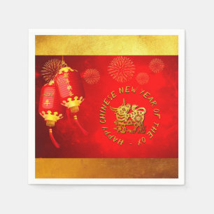 Red Gold Lanterns Chinese Ox paper-cut 2021 PN Serviette