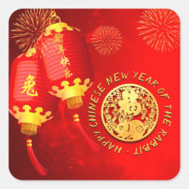 Red Gold Lanterns Chinesischer Kaninchenpapierschn Quadratischer Aufkleber