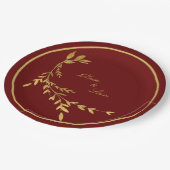 Red Gold Leaf Elegant Name Script Hochzeit Pappteller (Schrägansicht)