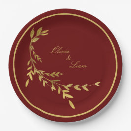 Red Gold Leaf Elegant Name Script Hochzeit Pappteller