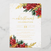 Red Gold Leaf Foliage Weihnachtsfeiertag Party Folieneinladung (Vorderseite)