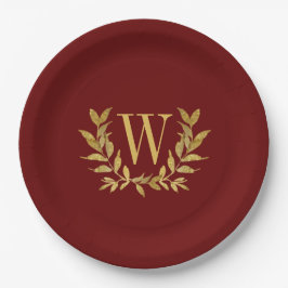 Red Gold Leaf Monogram Elegant Chic Wedding Pappteller