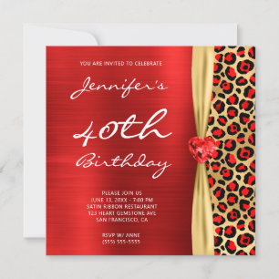 Red Gold Leopard Foil Gem Ribbon 40. Geburtstag Einladung