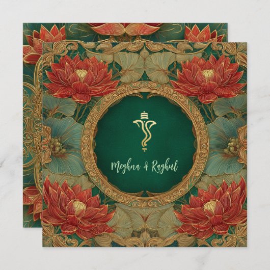 Red Gold Lotus Green Indian Ganesh Wedding Einladung (Vorne/Hinten)