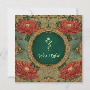 Red Gold Lotus Green Indian Ganesh Wedding Einladung