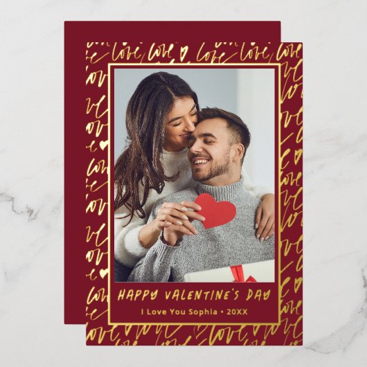 Red & Gold Love Valentines Day Photo Folien Feiertagskarte (Vorderseite/Rückseite)