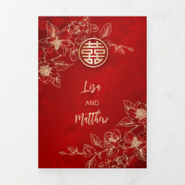 Red Gold Magnolia | Chinesische Hochzeit Dreifach Gefaltete Einladung