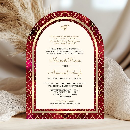 Red Gold marokkanische QR Code Sikh Arch Wedding Einladung