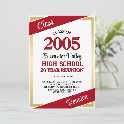 Red Gold Mascot Class Wiedersehen Einladung (Stehend Vorderseite)