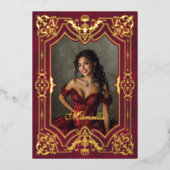 Red Gold Masquerade Foto Quinceanera Folieneinladung (Vorderseite)
