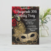 Red Gold Masquerade Party Einladung (Stehend Vorderseite)