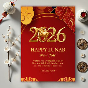 Red Gold Modern 2026 Pferde Chinesischer Lunar Neu Feiertagskarte