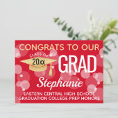 Red Gold Modern Confetti Bokeh Bubbles Abschluss Einladung (Stehend Vorderseite)