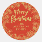 Red Gold Modernes Botanisches Elegantes Weihnachts Runder Aufkleber (Vorderseite)