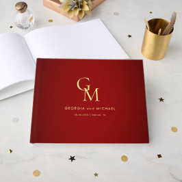 Red & Gold Monogram Elegante Minimalistische Hochz Gästebuch