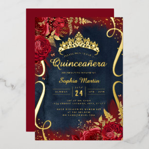 Red Gold Navy Floral Scroll Quinceanera Folieneinladung