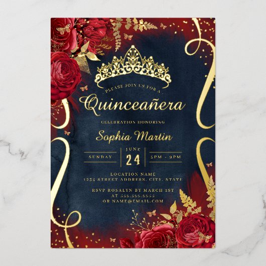 Red Gold Navy Floral Scroll Quinceanera Folieneinladung (Vorderseite)