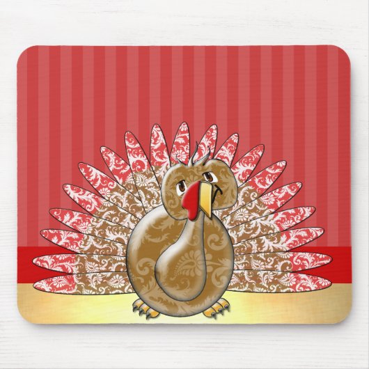 Red Gold Niedlicher Cartoon Türkei Damask Muster Mousepad (Vorne)