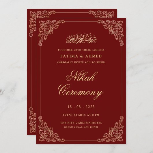 Red Gold Nikkah Islamische Hochzeit Einladung (Vorne/Hinten)