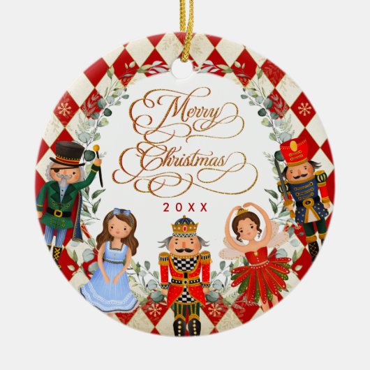 Red Gold Nutcracker Ballet Frohe Weihnachts-Party Keramik Ornament (Vorne)