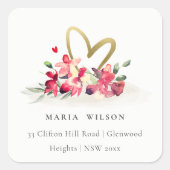 Red Gold Orchid Hefe Floral Wasserfarbe Adresse Quadratischer Aufkleber (Vorderseite)