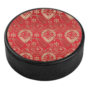 Red Gold Paisley Bandana Muster Eishockey Puck