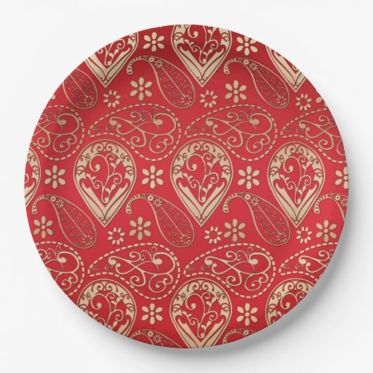 Red Gold Paisley Bandana Muster Pappteller (Vorderseite)