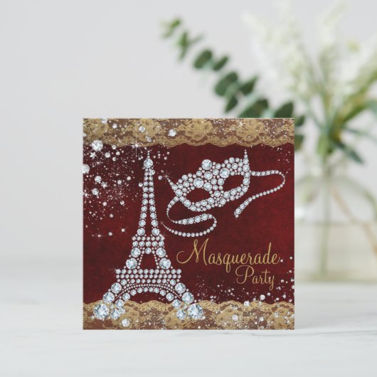 Red Gold Paris Masquerade Party Einladung (Stehend Vorderseite)