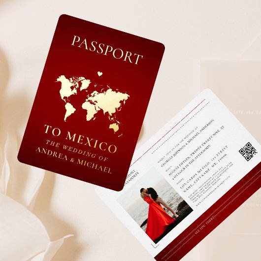 Red Gold Passport Reisen Hochzeit in Urlaubsort Re Folieneinladung