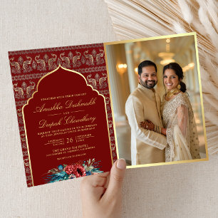 Red Gold Peacock Pattern Floral Indian Wedding Einladung
