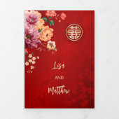  Red Gold  Peony Photo Chinese Wedding Dreifach Gefaltete Einladung (Cover)