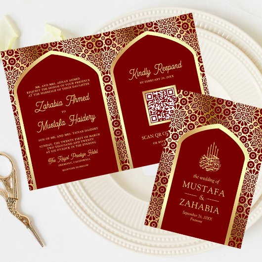 Red Gold Persian Arch QR Code Muslime Hochzeit Einladung
